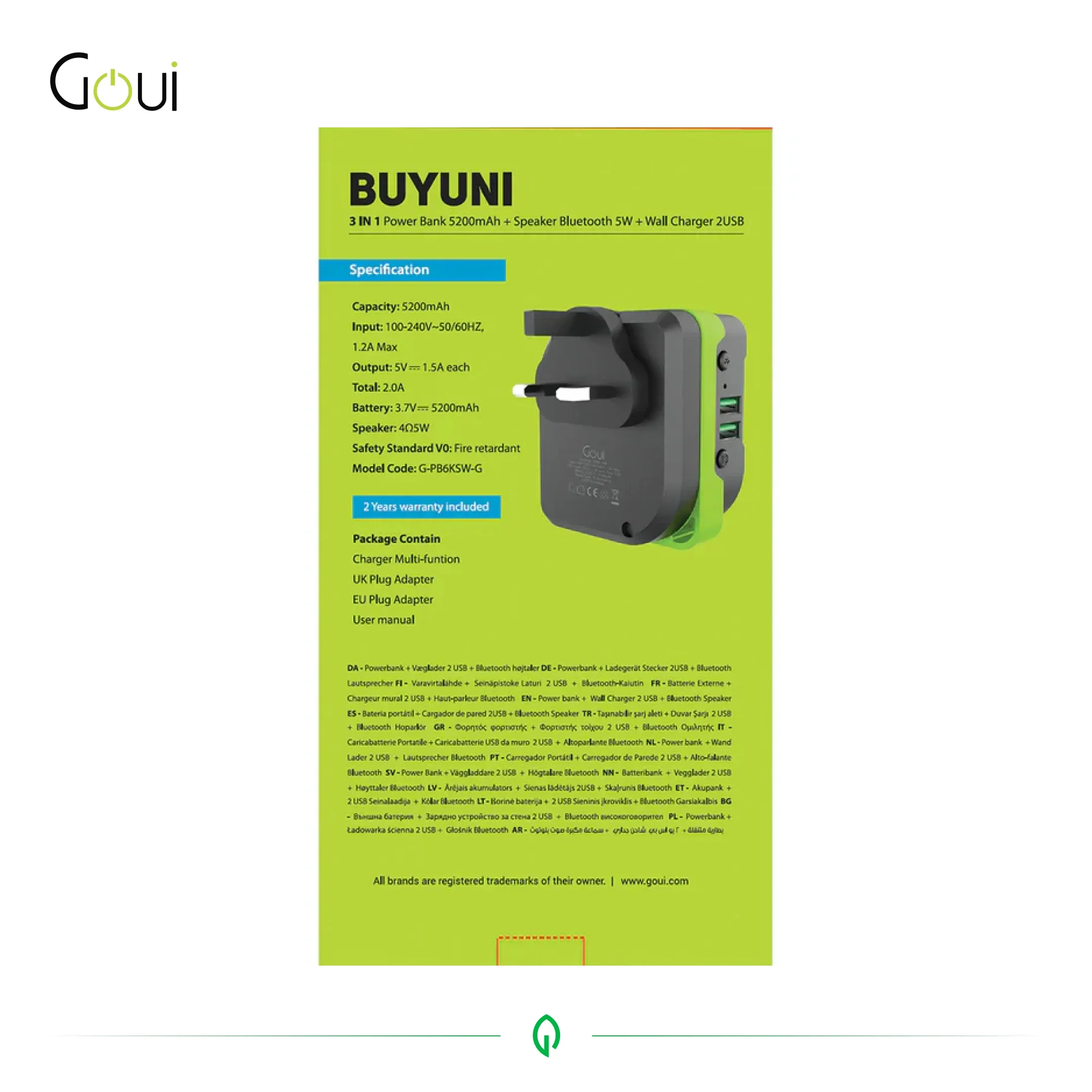 Goui Buyuni Powerbank 5200 mAh +Enceinte Bluetooth +Chargeur mural.